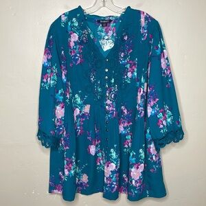 ROMAN’S Tunic Button Front Blouse Teal Floral Embroidery Lace Pin Tuck Pleats